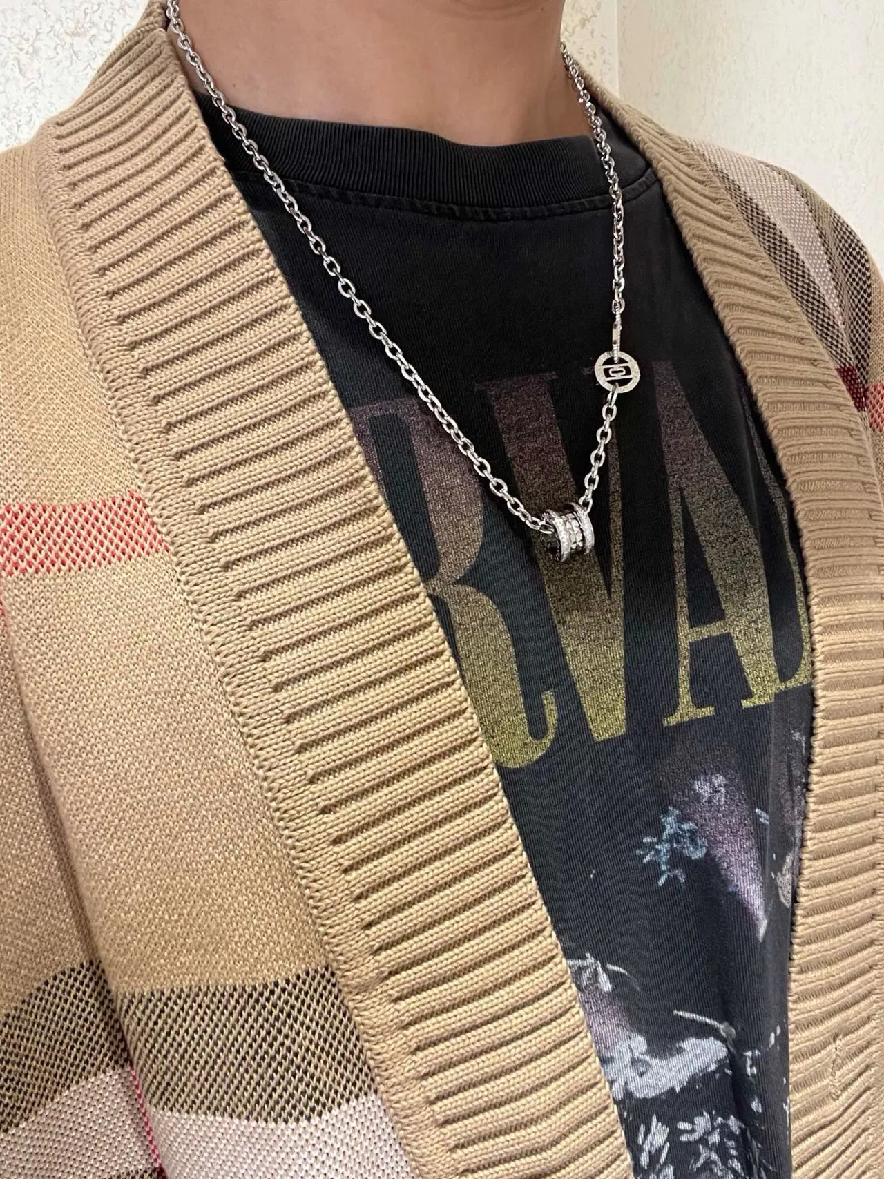 Bvlgari Collier Chaîne Curb Chunky Argent Blanc Bandes Pavé Diamantes 9