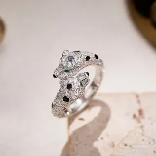 Cartier Panthère Double Panther Head Pavé Diamond Onyx Emerald Ring