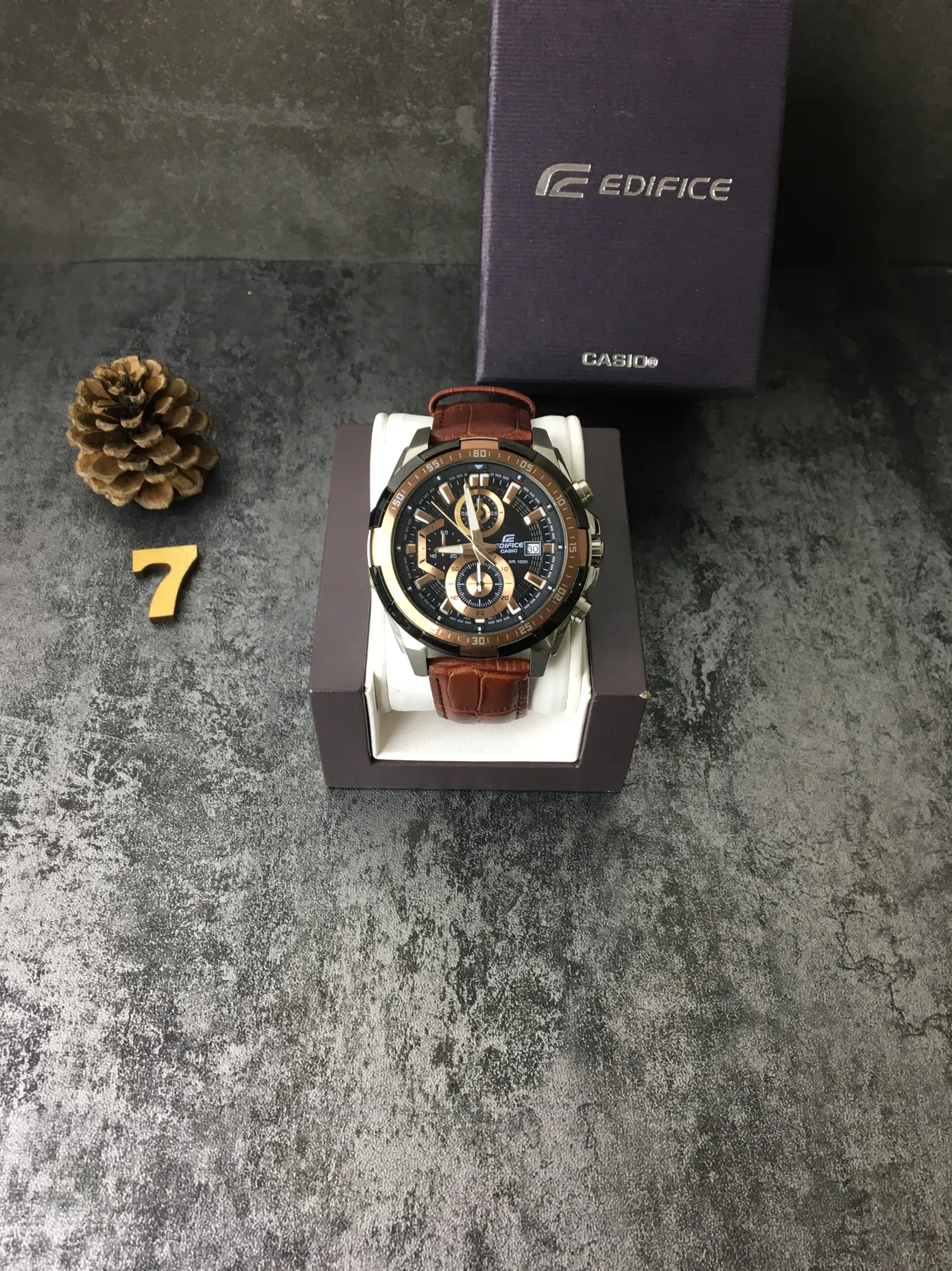 Casio Edifice كرونوغراف وجه أسود حزام جلد بني ساعة كوارتز 3