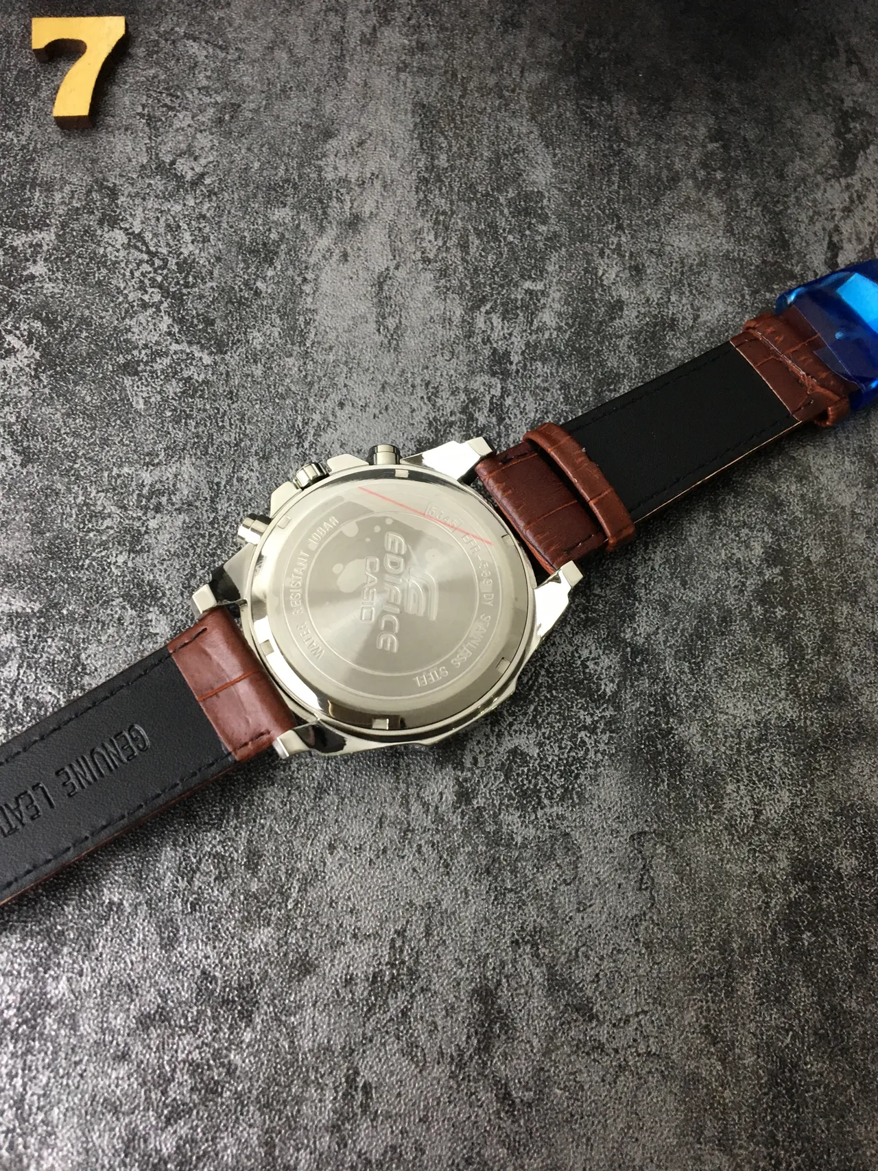 Casio Edifice كرونوغراف وجه أسود حزام جلد بني ساعة كوارتز 4