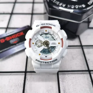 Casio G-Shock Blanco Rojo Híbrido Analógico-Digital Detalle de Engranajes Expuestos Reloj
