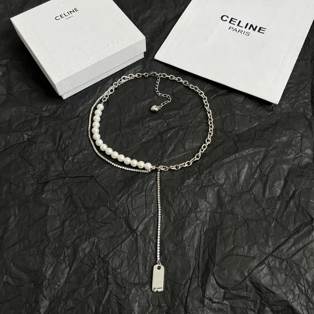 Celine Colar de Corrente com Pérolas e Cristais em Camadas 5