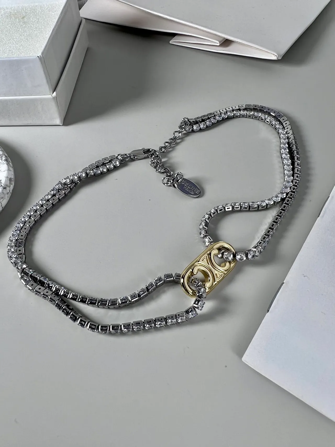 Celine Triomphe Double-Strand Pave Crystal Necklace 3