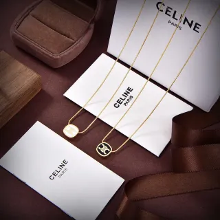 Celine Triomphe Gold Black Chain Oval Logo Pendant Necklace