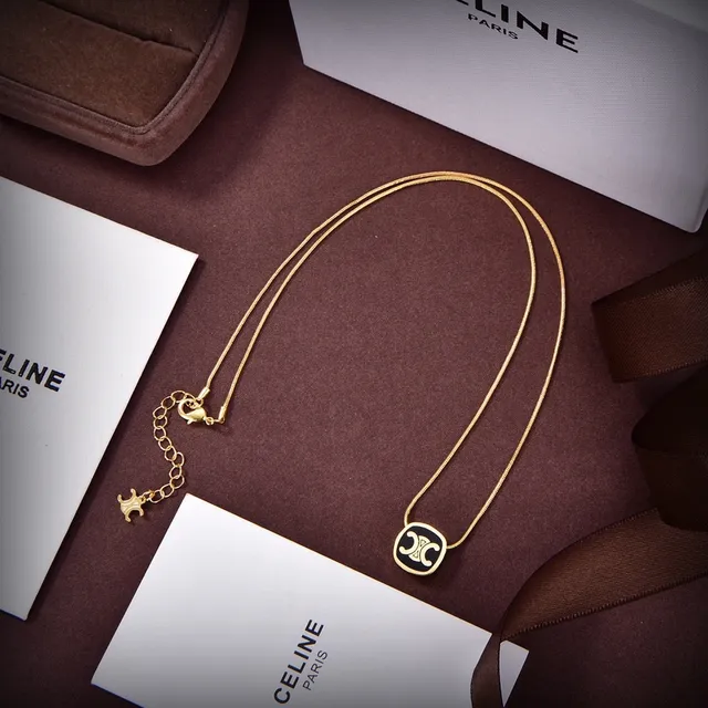 Celine Triomphe Gold Black Chain Oval Logo Pendant Necklace 2