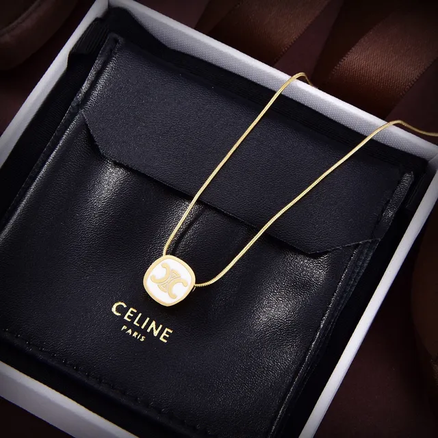 Celine Triomphe Gold Black Chain Oval Logo Pendant Necklace 3
