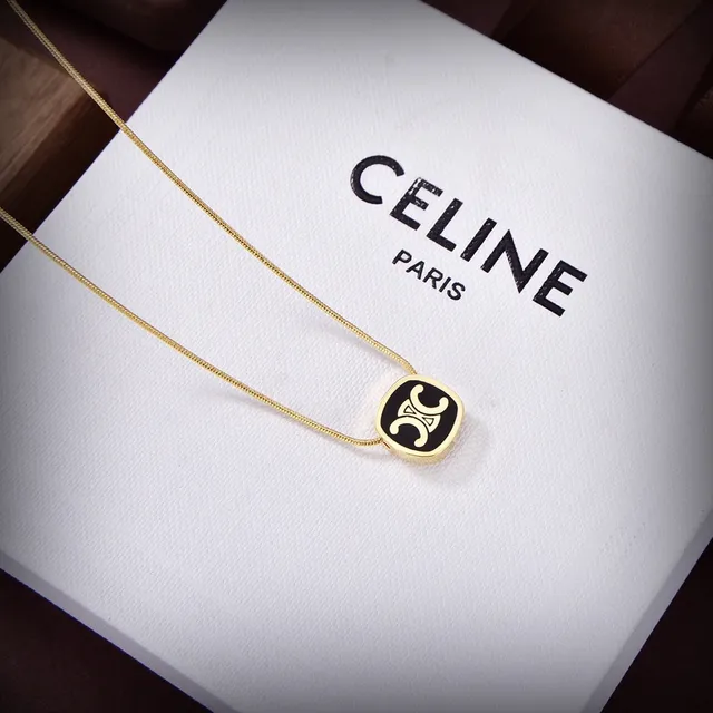 Celine Triomphe Gold Black Chain Oval Logo Pendant Necklace 5