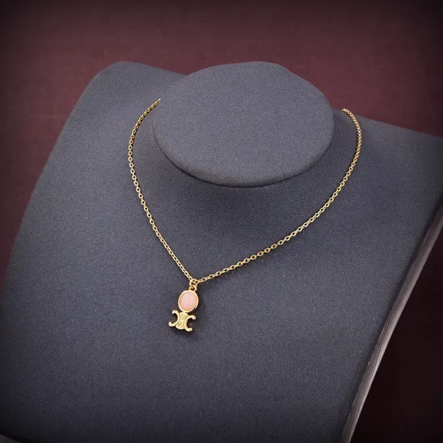 Celine Triomphe Gold-Tone and Pink Stone Necklace 2