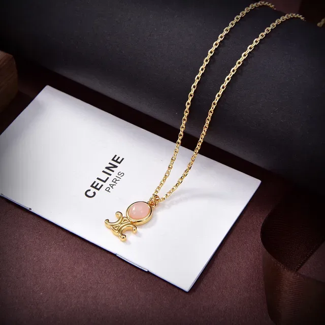 Celine Triomphe Gold-Tone and Pink Stone Necklace 3