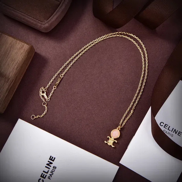 Celine Triomphe Gold-Tone and Pink Stone Necklace 4