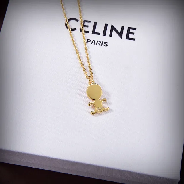 Celine Triomphe Gold-Tone and Pink Stone Necklace 5