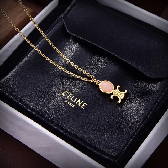 Celine Triomphe Gold-Tone and Pink Stone Necklace 6