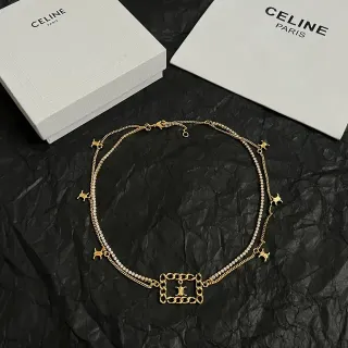 Celine Triomphe Gold-Tone Crystal Pavé Multi-Chain Necklace
