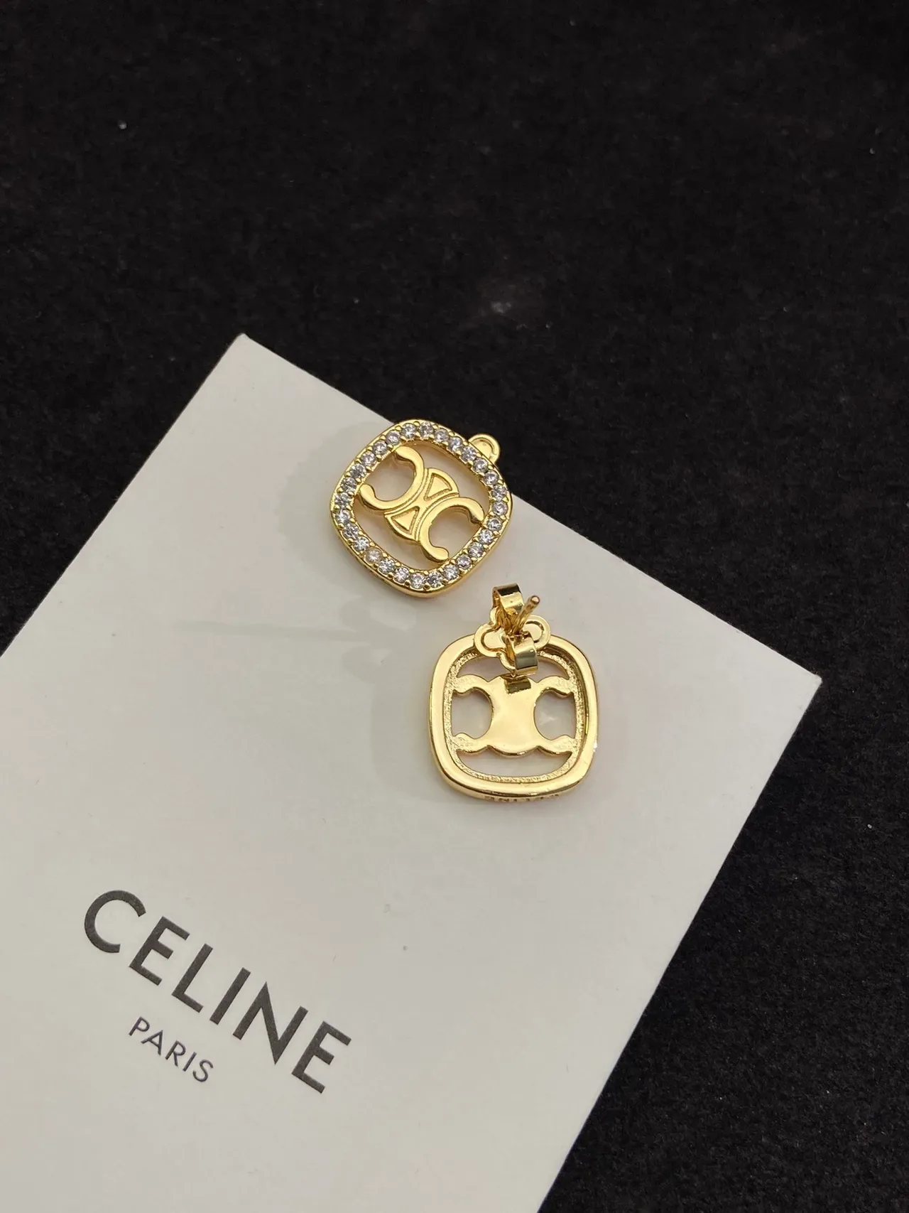 Celine Triomphe Gold-Tone Pavé Crystal Square Stud Earrings 3