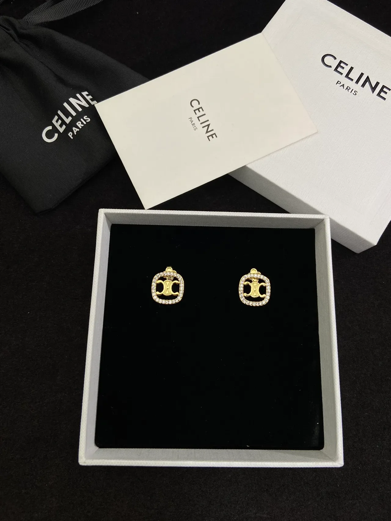 Celine Triomphe Gold-Tone Pavé Crystal Square Stud Earrings 4
