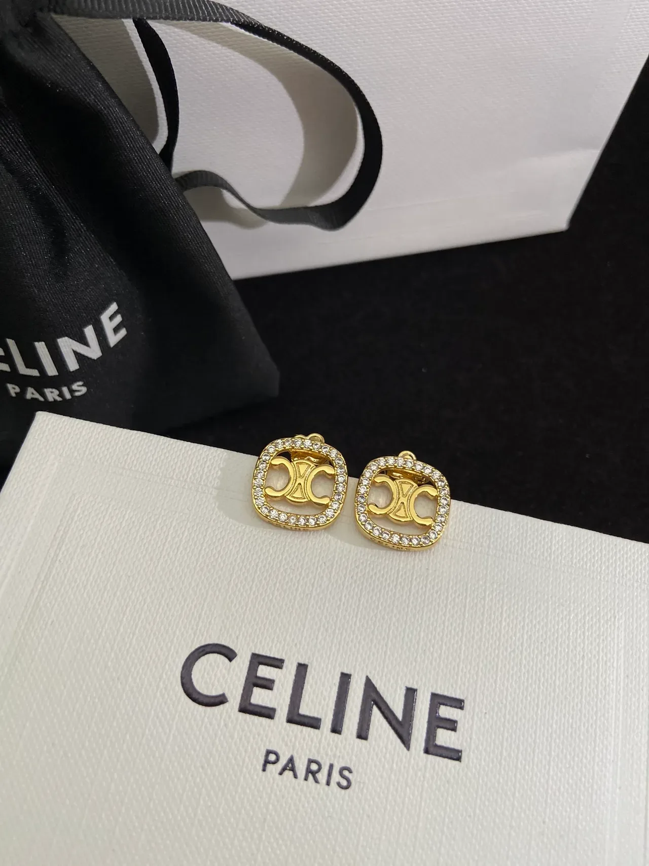 Celine Triomphe Gold-Tone Pavé Crystal Square Stud Earrings 5