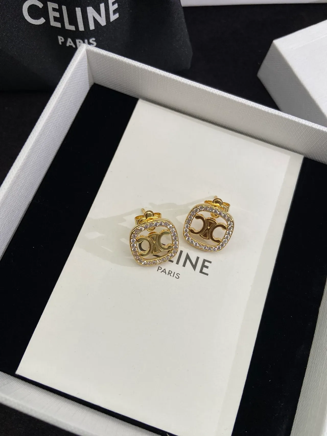 Celine Triomphe Gold-Tone Pavé Crystal Square Stud Earrings 6