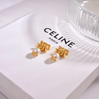 Celine Triomphe Gold White Geometric Motif Cultured Pearl Drop Earrings