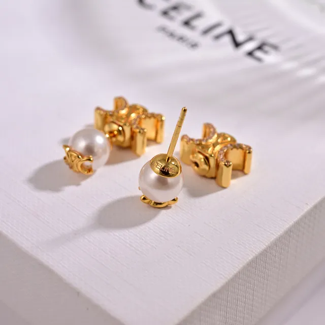 Celine Triomphe Or Blanc Motif Géométrique Perle Cultivée Boucles d'oreilles pendantes 2