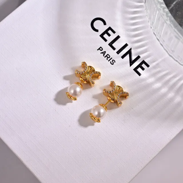 Celine Triomphe Or Blanc Motif Géométrique Perle Cultivée Boucles d'oreilles pendantes 3