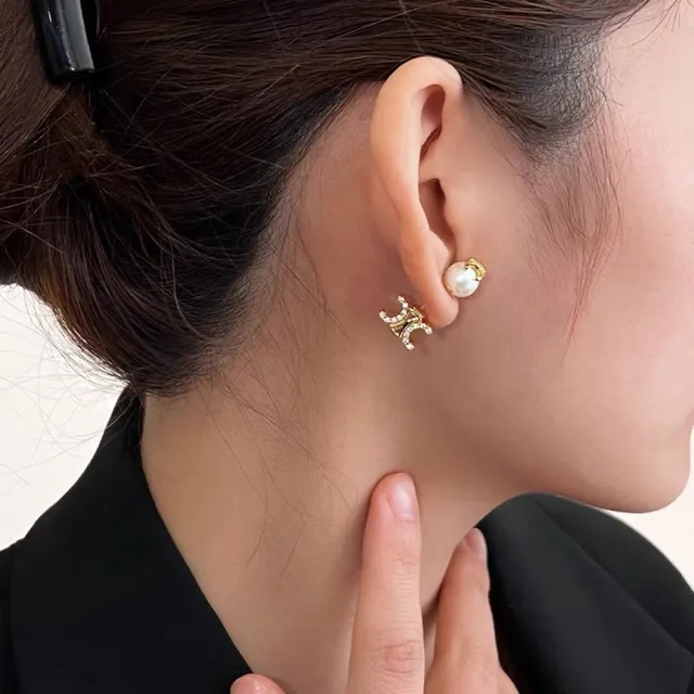 Celine Triomphe Or Blanc Motif Géométrique Perle Cultivée Boucles d'oreilles pendantes 4