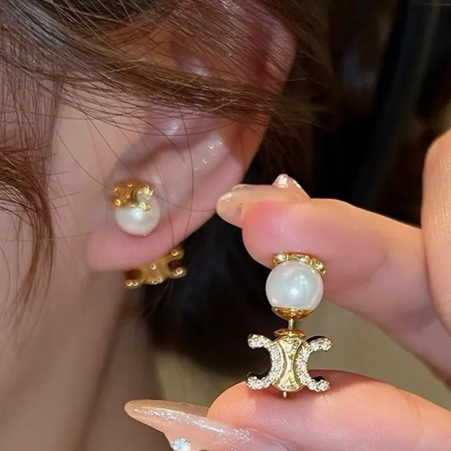 Celine Triomphe Or Blanc Motif Géométrique Perle Cultivée Boucles d'oreilles pendantes 5