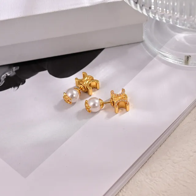 Celine Triomphe Or Blanc Motif Géométrique Perle Cultivée Boucles d'oreilles pendantes 8