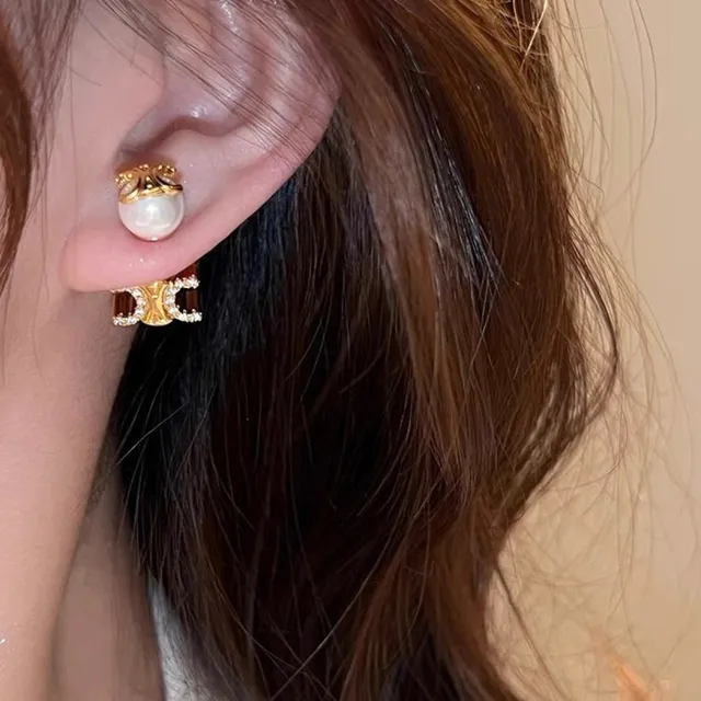 Celine Triomphe Or Blanc Motif Géométrique Perle Cultivée Boucles d'oreilles pendantes 9