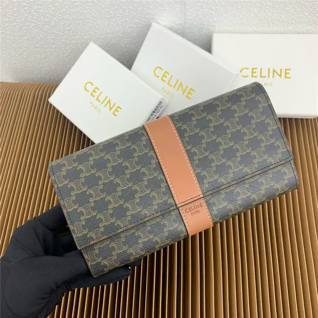 Celine Triomphe Monogram Gray and Tan Long Wallet 8