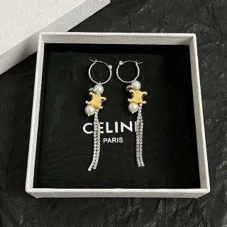 Celine Triomphe Pearl and Crystal Tassel Hoop Earrings