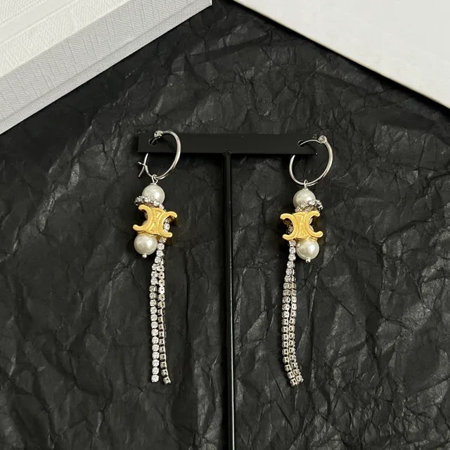 Celine Triomphe Pearl and Crystal Tassel Hoop Earrings 4