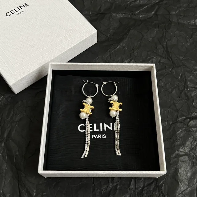 Celine Triomphe Pearl and Crystal Tassel Hoop Earrings 5