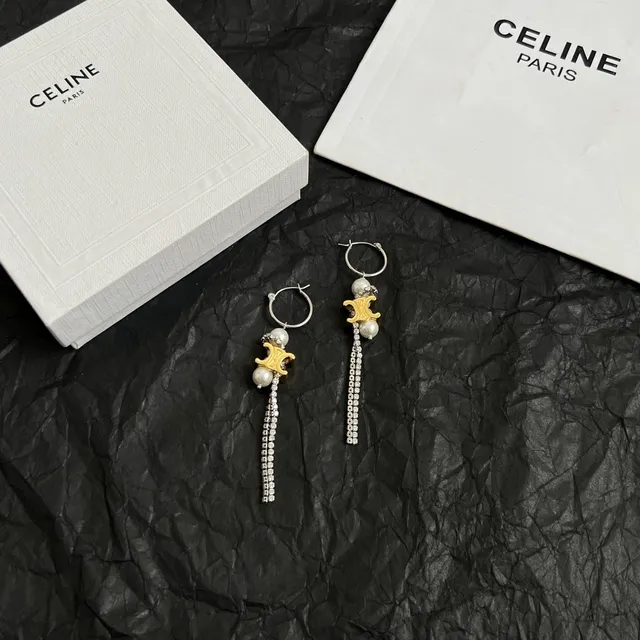 Celine Triomphe Pearl and Crystal Tassel Hoop Earrings 6