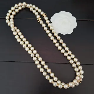 Chanel Beige Gold Double-Strand Pearl Necklace
