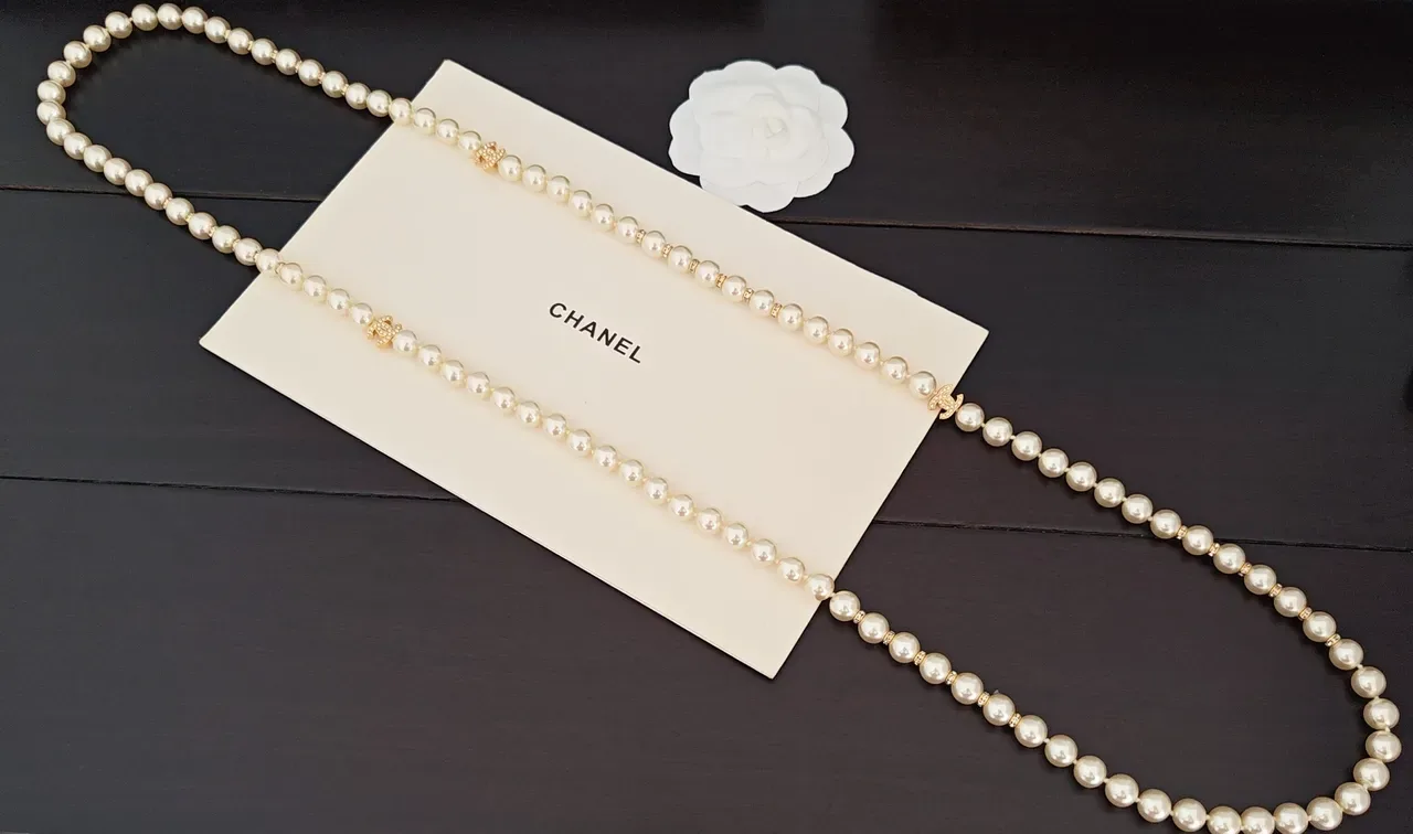 Chanel Colar de pérolas Bege Dourado Duplo Fio 3