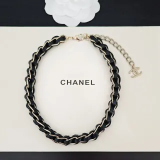 Chanel Black Gold Braided Leather-and-Metal Chain Interlocking CC Charm Necklace