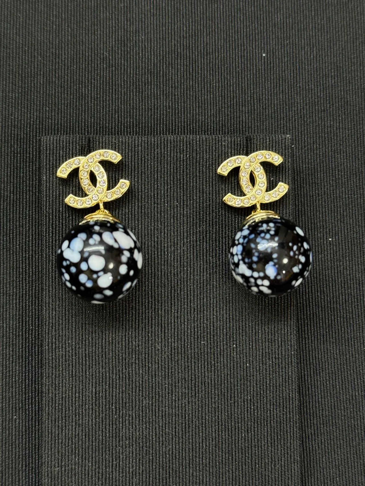 Chanel Black Gold Crystal-Encrusted CC Logo Enameled Speckled Sphere Earrings 3
