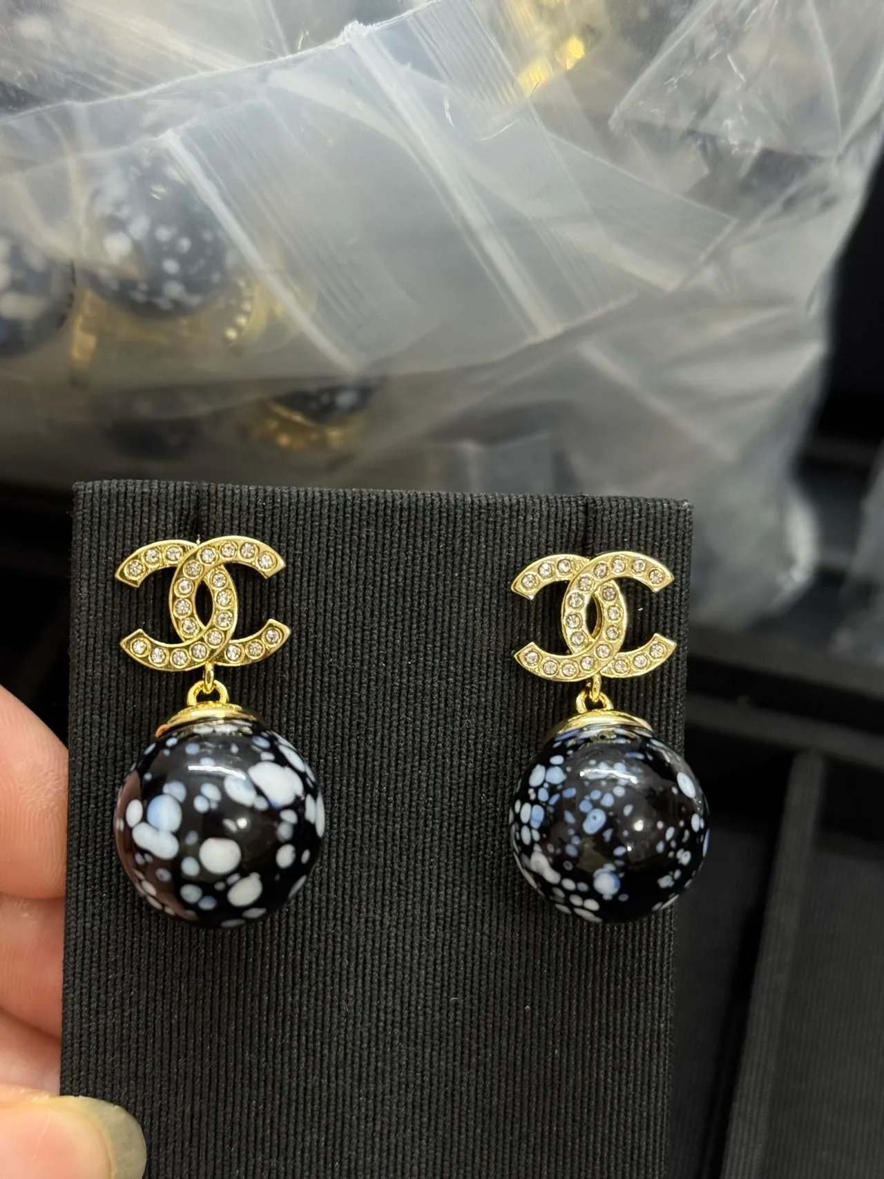 Chanel Black Gold Crystal-Encrusted CC Logo Enameled Speckled Sphere Earrings 4