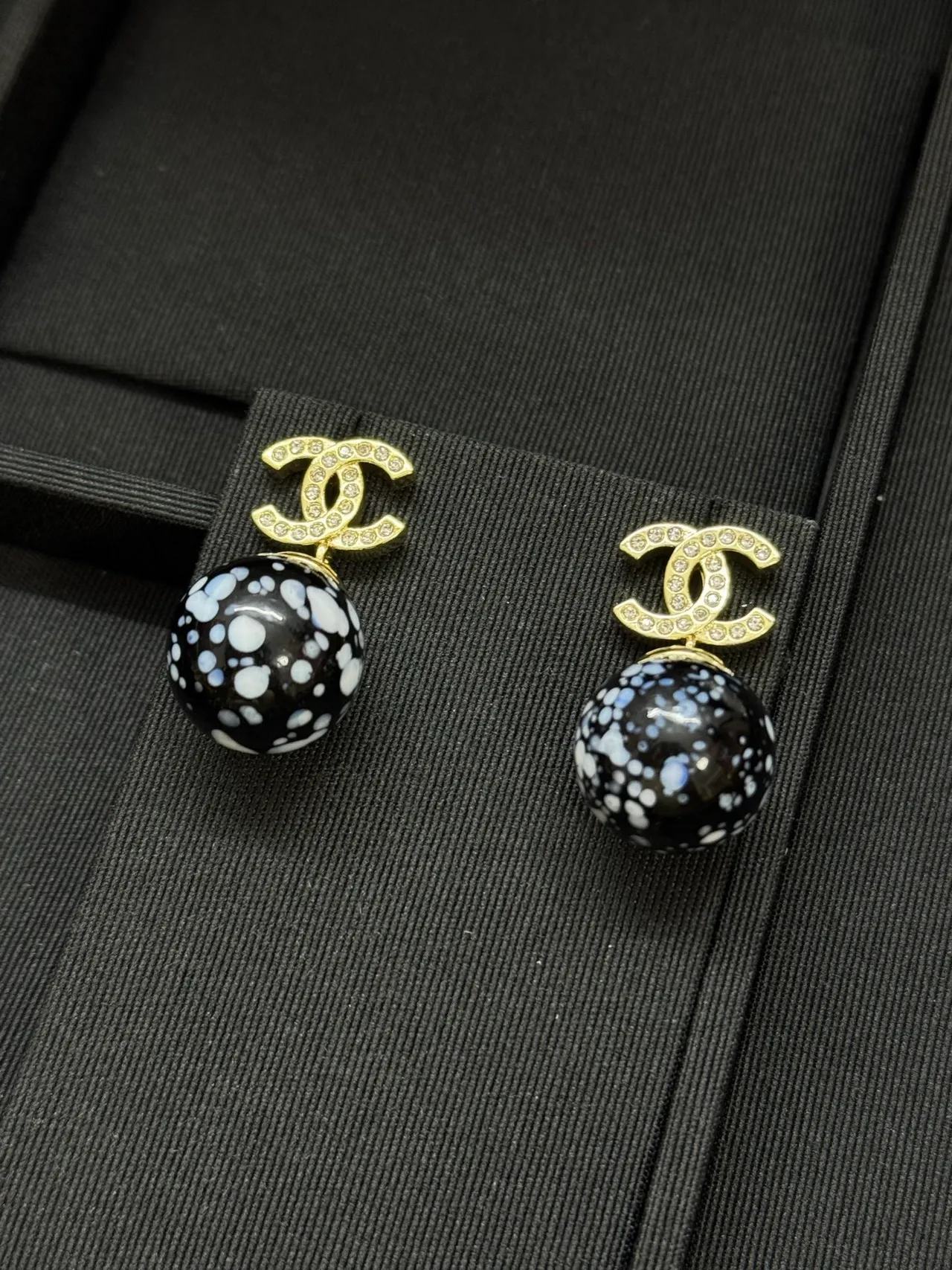 Chanel Black Gold Crystal-Encrusted CC Logo Enameled Speckled Sphere Earrings 5