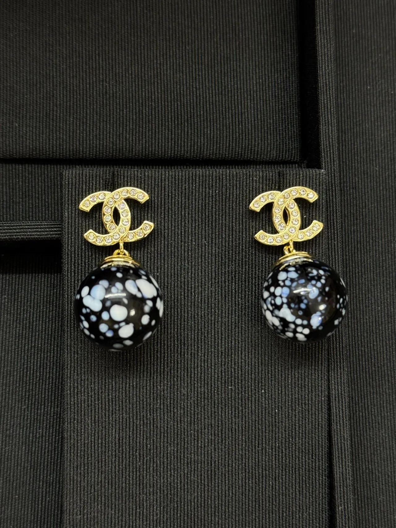 Chanel Black Gold Crystal-Encrusted CC Logo Enameled Speckled Sphere Earrings 6