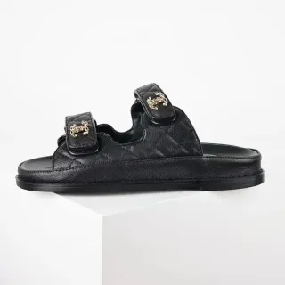 Chanel Black Gold Quilted Lambskin Dual-Strap Slide Slippers
