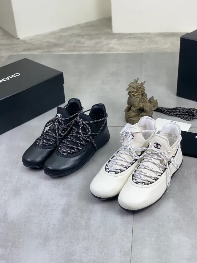 Chanel Black White Knit Upper Leather Toe Cap Lifestyle Sneakers 2