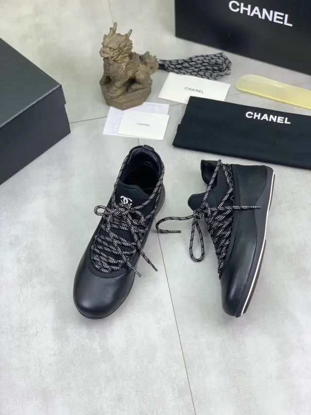 Chanel Black White Knit Upper Leather Toe Cap Lifestyle Sneakers 6
