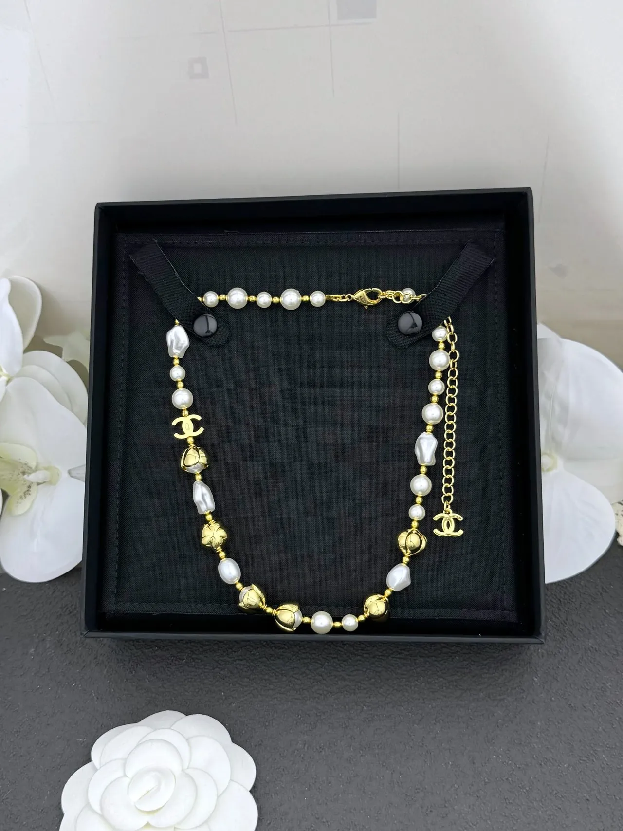 Chanel Camellia Pearl Necklace White Gold Chain Cultured Pearls Necklace 2