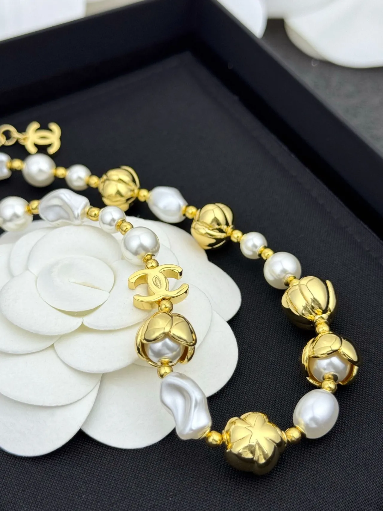 Chanel Camellia Pearl Necklace White Gold Chain Cultured Pearls Necklace 5