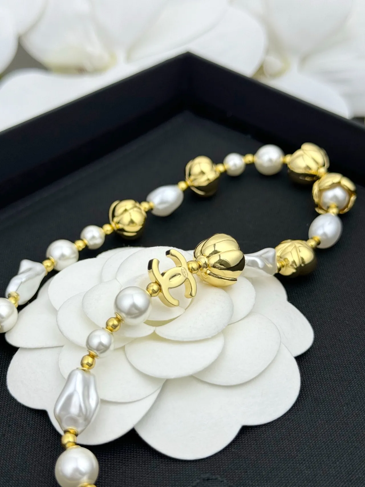 Chanel Camellia Pearl Necklace White Gold Chain Cultured Pearls Necklace 6