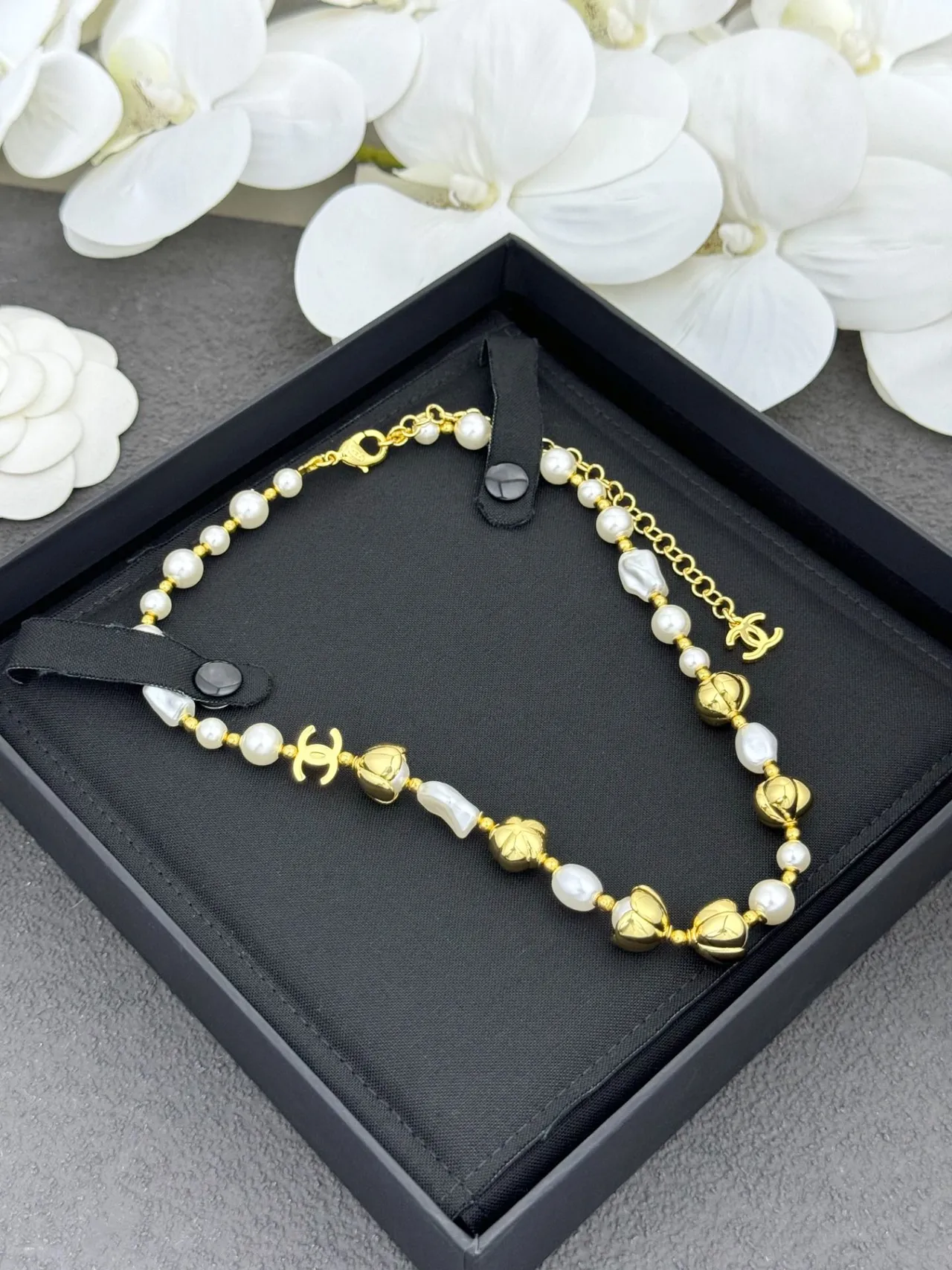Chanel Camellia Pearl Necklace White Gold Chain Cultured Pearls Necklace 7