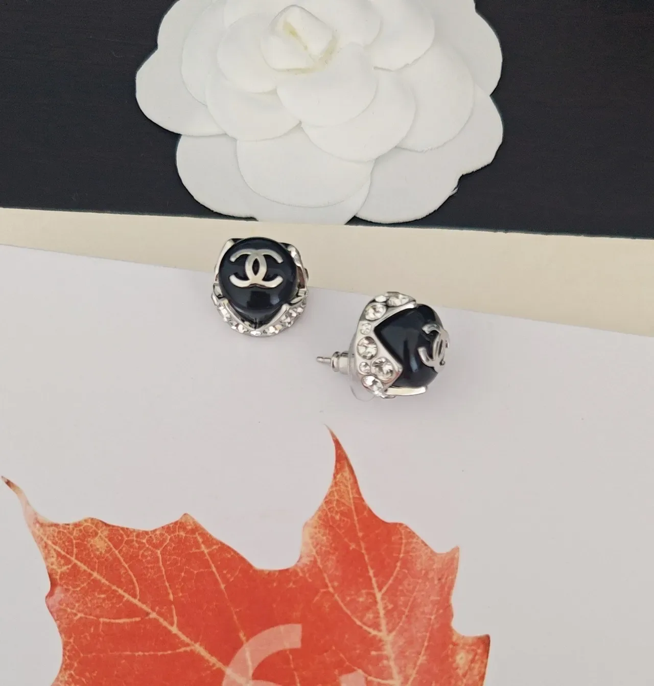Chanel CC Cabochon Black and Silver Stud Earrings 3