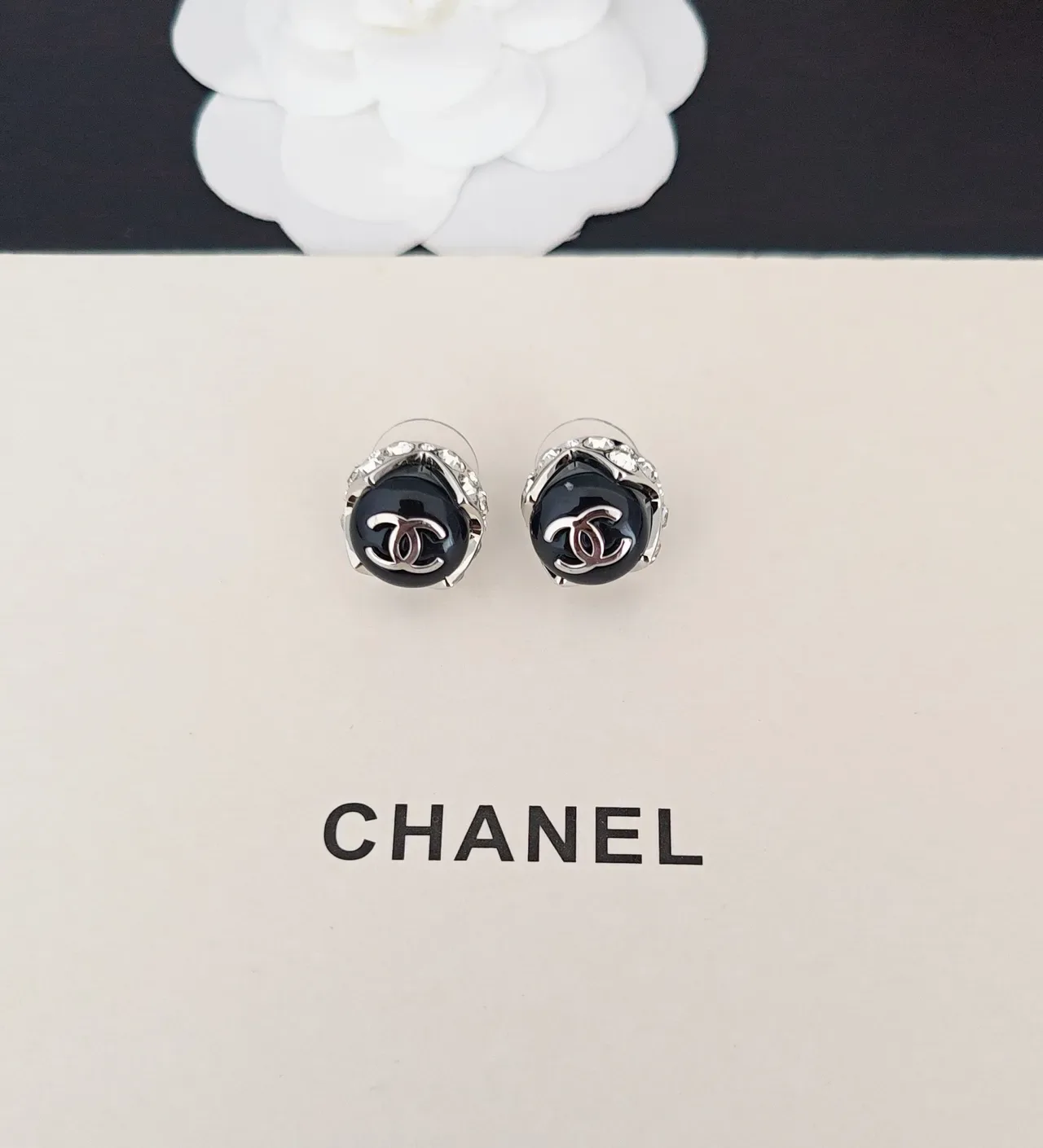 Chanel CC Cabochon Black and Silver Stud Earrings 4
