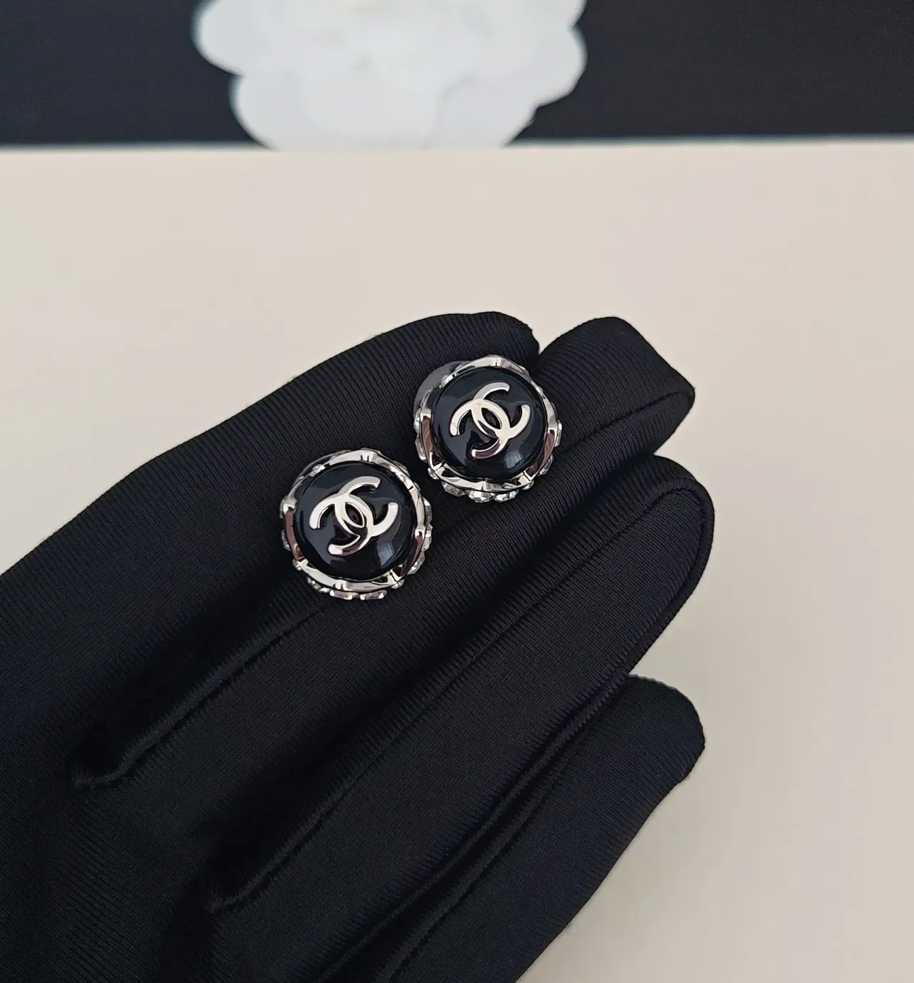 Chanel CC Cabochon Black and Silver Stud Earrings 5